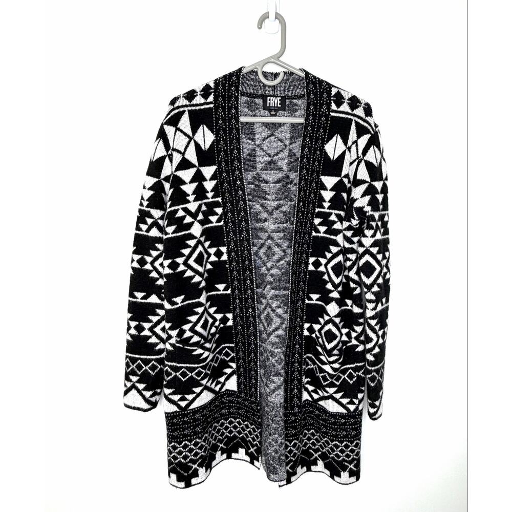 FRYE Women's Open Front Cardigan Sz S Geometric Pattern Boho Cozy Cabincore